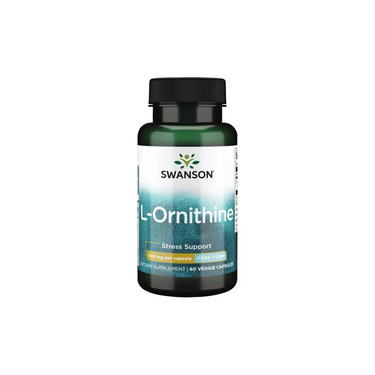 A bottle of Swanson L-Ornithine supplement provides 500 mg per capsule, with 60 veggie capsules per bottle, to support stress management.